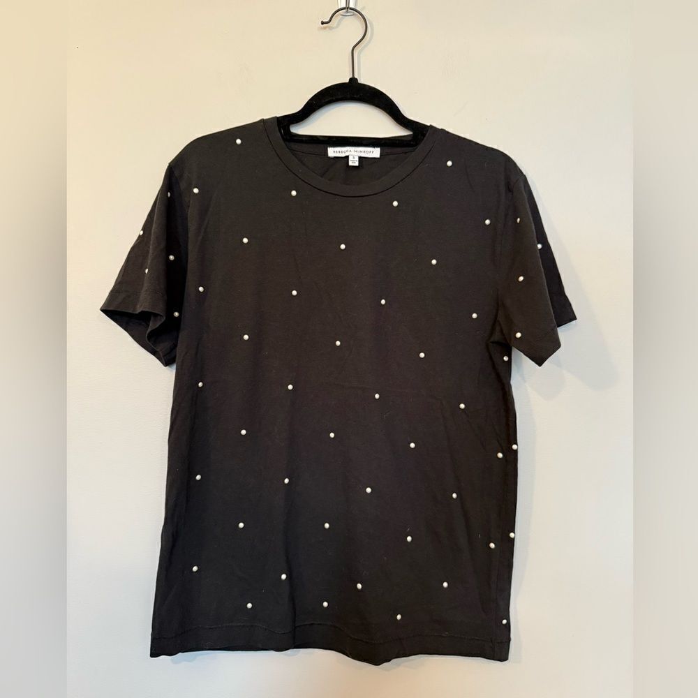 Rebecca Minkoff White Pearl Beaded Black T-Shirt Size Small